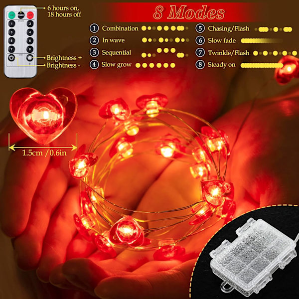Alla hjärtans dag dekorationer, 4m 40 LED röd hjärtformad ljusslinga, batteridriven blinkande ljusslinga för alla hjärtans dag dekoration
