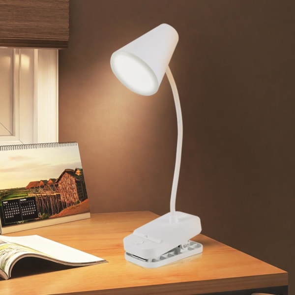 Läslampa, LED-bordslampa, vit, skrivbordslampa med USB laddningsport, vertikal, clip-on, batteri USB -dubbel användning, roterande slang, ögonskyddsbordslampa White