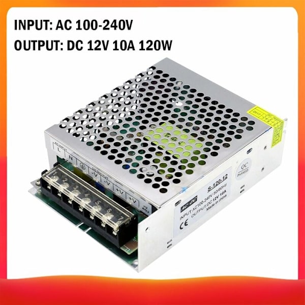 AC 100-240V till DC 12V 10A 120W Reglerad växlingsspänning Transformator Power Omvandlare för ljusremsor Kamera Datorradioprojekt