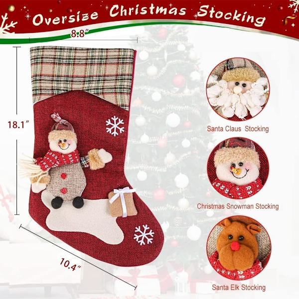 Strumpor för barn, 3-pack 18\" personliga strumpor julgransdekoration presentpåse med tema tomte, snögubbe, ren