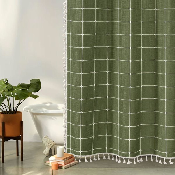 Grön Boho Farmhouse Duschdraperi med Tofs, Boho Chic Modern Badrumsdekor Duschdraperi Set med Krokar, 72x72