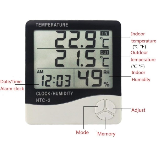 Digital LCD Temperatur Luftfuktighet Hygrometer 1,5 m Sondsladd, Växthus inomhustermometer Monitor, Klocka