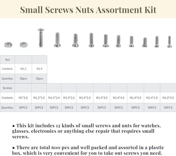 600 st små skruvar och muttrar sortiment kit reparationsverktyg mutter och bult sortiment M1 M1.2 M1.4 M1.6