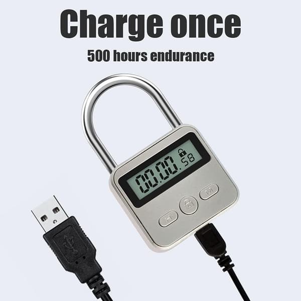 Timerlås i metall, USB-uppladdningsbart timerhänglås med LCD-display, mikroelektroniskt timerlås, silver silver