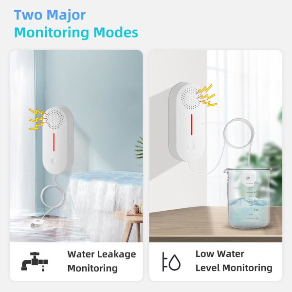 Vattenläckagedetektor WiFi, Larm för låg vattennivå, 100dB högt vattenlarm, Vattensensor med fjärr Tuya/Smart
