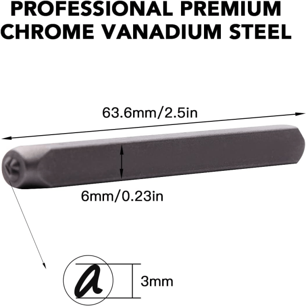 63 stämplar med versaler och gemener på 3 mm (1/8\") med 1 set sifferstämplar