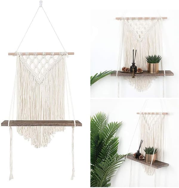 Macrame vägg hängande hylla Boho vävd gobeläng flytande brun