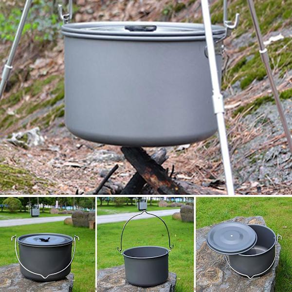 Camping Hängande Gryta Aluminiumlegering Kokkärl Lägereld Värme Spis w/Lock Picknick Kittel för 6-8 Personer