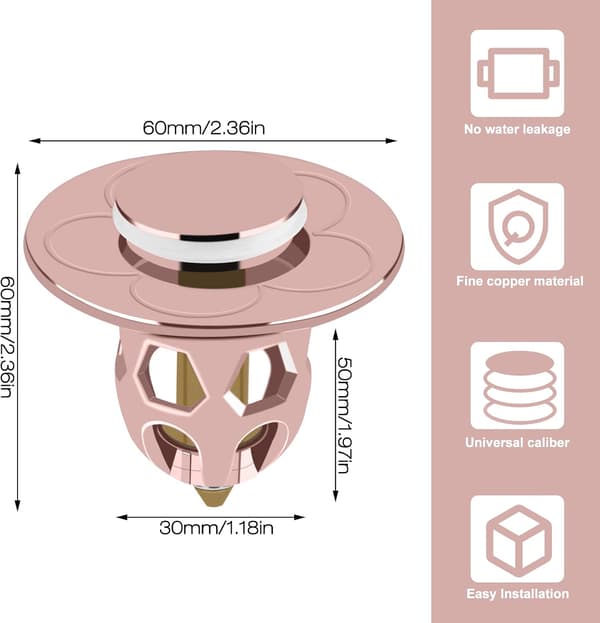 Universell pop-up-diskpropp, 2-pack diskproppar för handfat med studs i mässing för Ø34-40mm (roséguld)