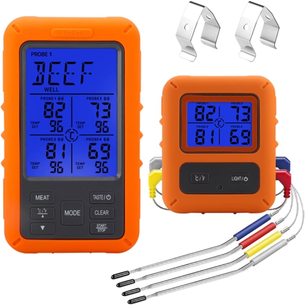 Trådlös kötttermometer med 4 sonder 328 ft lång räckvidd LCD-bakgrundsbelysning Display Nedräkningstimer