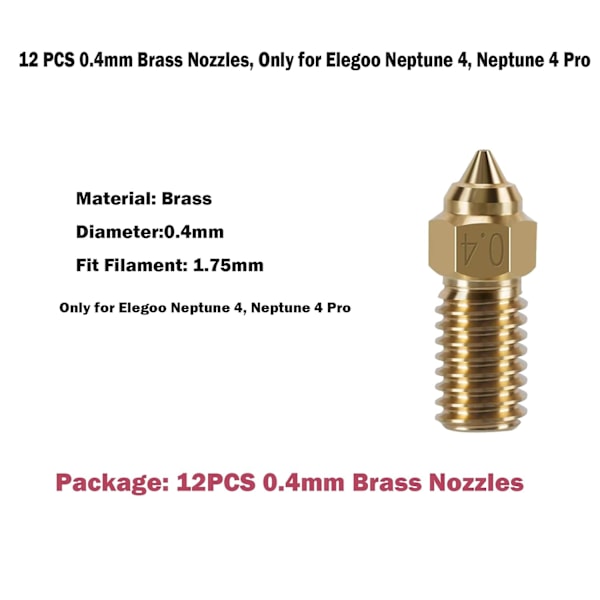 12-pack mässingsmunstyckssats för Neptune 4, 3D-skrivartillbehör 0,4 mm för Elegoo Neptune 4, Neptune 4 Pro