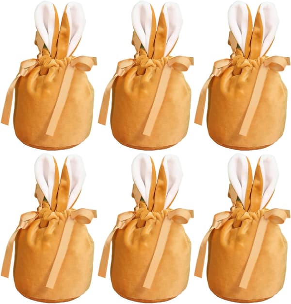 6-pack påskpresentpåsar med kaninöron, påskgodispåsar, presentpåsar med dragsko, bröllopsgodispåsar (champagnekulör)