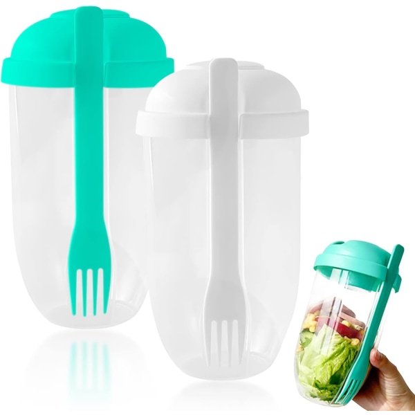 Set med 2 salladskoppar med gaffel, återanvändbar bärbar frukt- och grönsakssalladsbehållare (vit, grön)