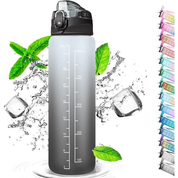 1 liters sportvattenflaska med sugrör med markörspårare, One Touch Switch On för gym, yoga, camping och hemliv (svart och vitt).