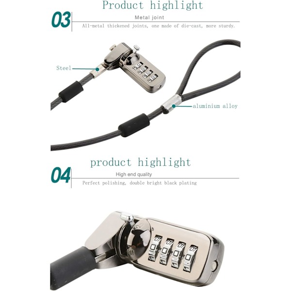 Kombinationslås Kabel för Notebook Laptop Pc Dator Skärm lcd - 1.9m Kabel Svart