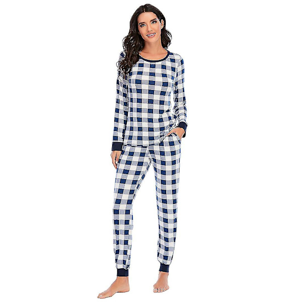 Dam långärmad rutig pyjamas set bekväm mjuk hemmaplagg pyjamas set (blå,XL) Blue xl