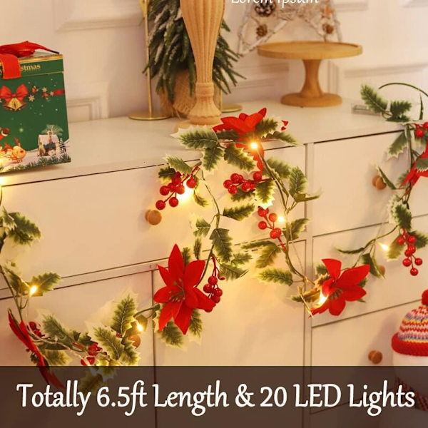 3m 20 LED julstjärna girlang med lampor röda bär blad ljusslinga, juldekoration