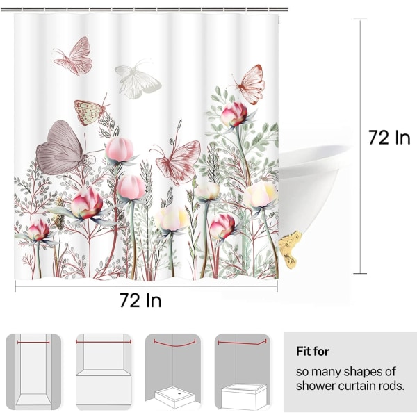 Fjärilsduschdraperi 72 x 72 tum, akvarellblommig rosa pionduschdraperi blommig botanisk duschdraperi vår badrumsdekor