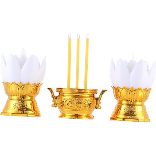 1 set lotuslampa prydnad buddhistisk elektrisk rökelsepinne lotus rökelsebrännare lotus nattlampa votivljus hållare menorah metall trim led plast