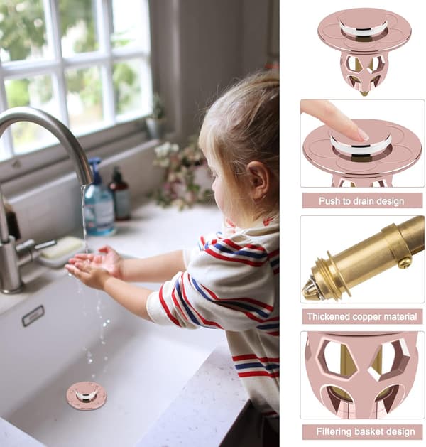 Universell pop-up-diskpropp, 2-pack diskproppar för handfat med studs i mässing för Ø34-40mm (roséguld)