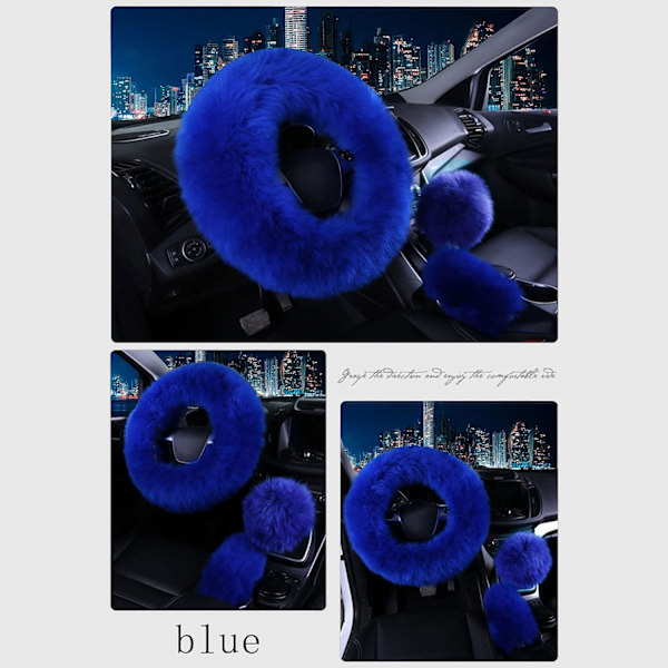 3 st fluffiga rattmuffar, universella mjuka bekväma halkfria ren ull bilrattsöverdrag med handbromsskydd växelspakskydd, (blå) blue