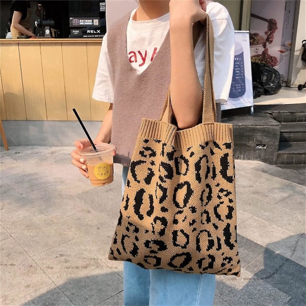 Stickad shoppingväska Leopardväv Stor kapacitet Tote Sommarstrandväska  Axelväskor för kvinnor （grå） Grey