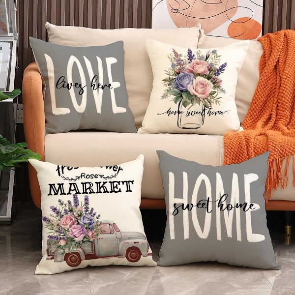 Örngott 18x18 Set om 4 Gårdshus Vår Prydnadskuddfodral Blommiga Dekorativa Kuddfodral för Soffa Heminredning (18 x 18 tum, Grå)