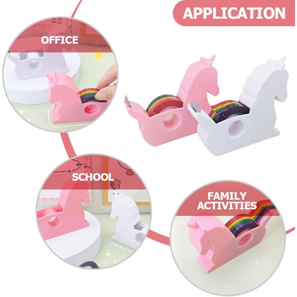 2-pack tejpdispenser, tecknad tejpdispenser, enhörningsform, regnbågstejpskärare, washi-tejphållare, skrivbordspappershållare, slumpmässiga färger