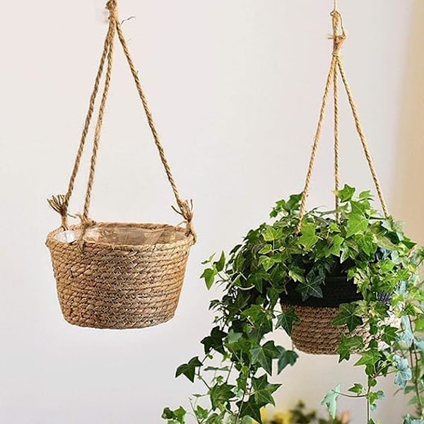 Hängande blomkruka, blomkorg i jute, korg i rotting, blomkruka, kaffe coffee