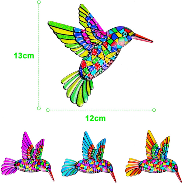 4-pack metallkolibri väggkonstdekor, smidesjärn färgglad kolibri väggskulptur, hängande utomhus staket prydnad för trädgård veranda uteplats
