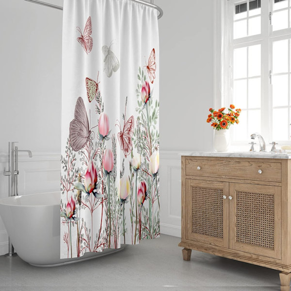 Fjärilsduschdraperi 72 x 72 tum, akvarellblommig rosa pionduschdraperi blommig botanisk duschdraperi vår badrumsdekor