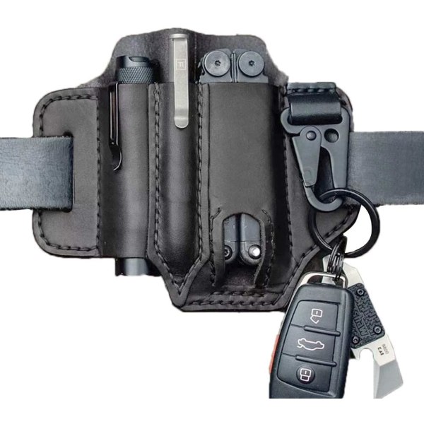 Bältesverktygsväska, Utility Belt EDC Bältesögla Holster med Nyckelhållare, 3 Fack Pen Gear Ficklampa-Svart