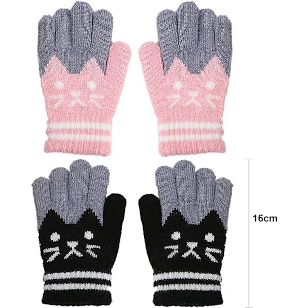 Söta kattvantar i sammet, mjuka och varma, för utomhusbruk, skola, stickade, stretchiga, helfingervantar för pojkar och flickor i åldrarna 3-8 (svart rosa)
