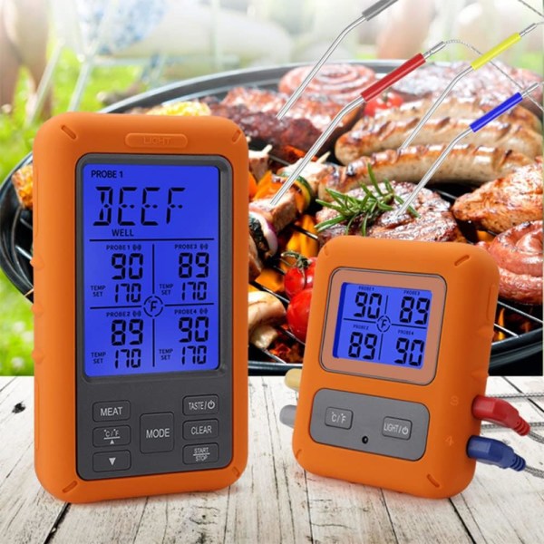 Trådlös kötttermometer med 4 sonder 328 ft lång räckvidd LCD-bakgrundsbelysning Display Nedräkningstimer