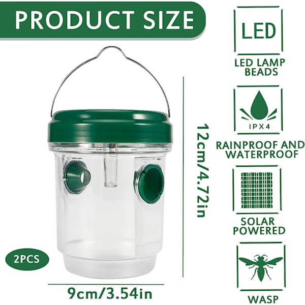 2-pack solfångare getingfälla, hängande insektsfälla med LED-ljus, återanvändbar bifälla solenergidriven getingdödare