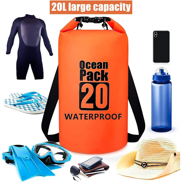 Vattentät torrsäck, 20L PVC torrsäcksryggsäck 100 % vattentät väska med justerbar dubbel axelrem (orange)