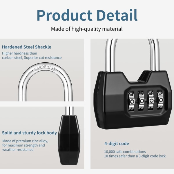 Kombinationslås 4-siffrigt skåplås utomhus vattentätt hänglås för skolgymsskåp, sportsskåp, staket, verktygslåda, grind, väska, hasp förvaring, svart black