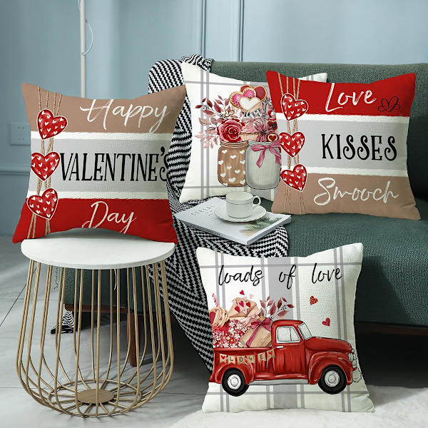 Valentine's Day örngott 18x18 Set om 4 Vår bondgårdsinredning Röda prydnadskuddfodral Hjärtformade dekorativa prydnadskuddfodral (18\" x 18\", Färg B)