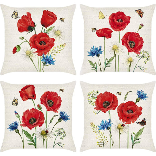 45 x 45 cm Vallmo Blomm Dekorativ Kuddfodral Polyester Linne Kuddfodral för Soffa Soffa Sovrum Inomhus Utomhus Dekor Set om 4