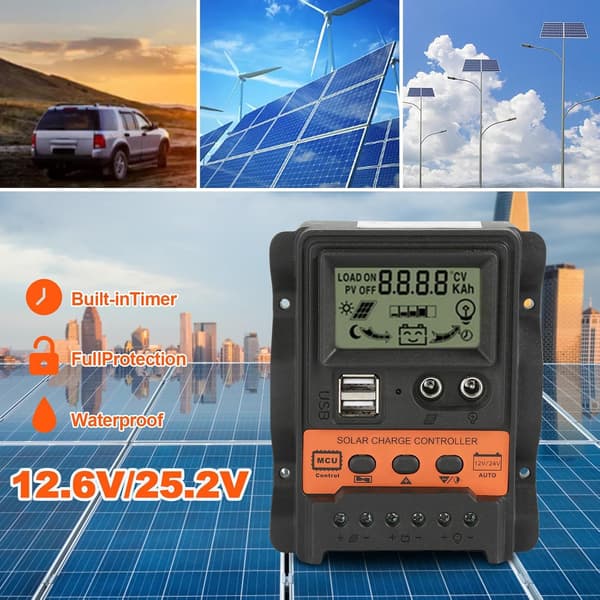 Solcellsregulator, Solpanel Regulator PWM 12V 24V 30A 5V Utmatning Solpanel Laddningsregulator med LCD Dubbel USB