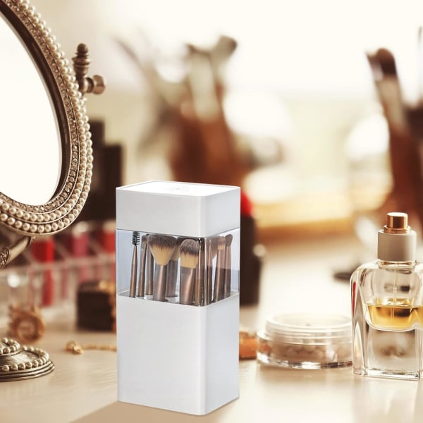 Makeupborsthållare med lock, transparent dammtät kosmetisk borsthållare (vit)
