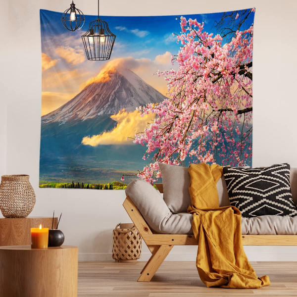 Japansk rosa Sakura-gobeläng med körsbärsblommor, berg Fuji, Japan, väggbonader för sovrum, vardagsrum, sovsal, man cave-bakgrund (60x40 tum)