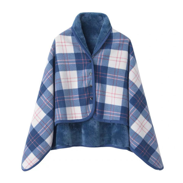 Kvinnors Multiway Rutig Poncho Sjal Wrap Fleece Bärbar Filt Ultra Mjuk Sherpa Flanell Cape（Blå） blue