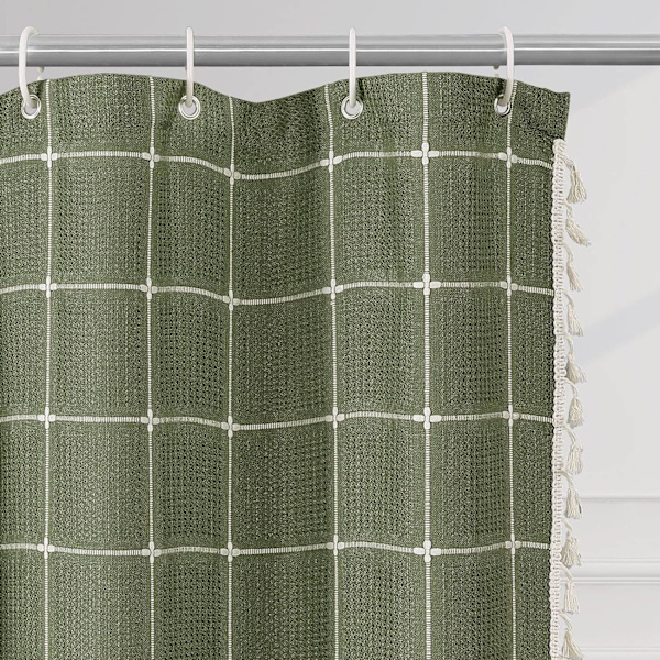 Grön Boho Farmhouse Duschdraperi med Tofs, Boho Chic Modern Badrumsdekor Duschdraperi Set med Krokar, 72x72