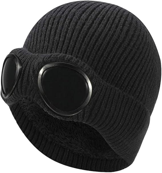 Stickad mössa, unisex skidglasögon mössa stickad vinter chunky mössa, svart