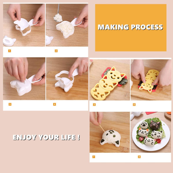 Risbollform Non-Stick Sushi Making Kit Cartoon Animal Cat Sushi Bento Maker Form med Seaweed Nori Expression Cutter, Set om 4