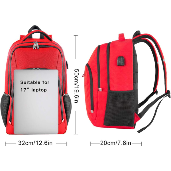 Vattentät datorryggsäck med USB laddningsport för 17" bärbara och bärbara datorer - Röd Red