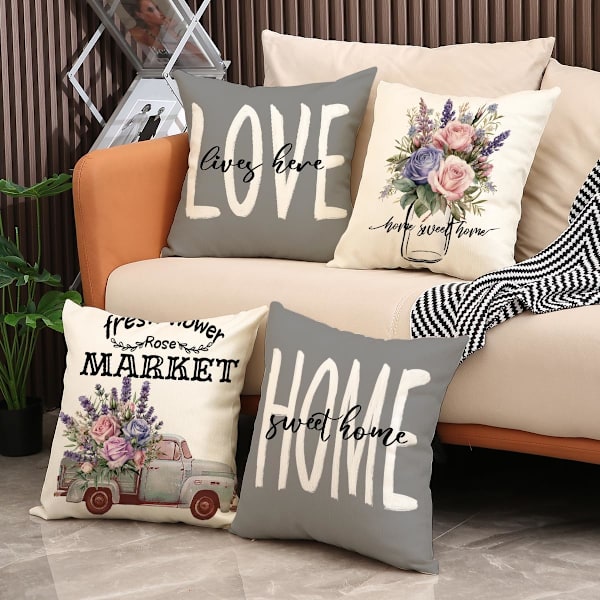 Örngott 18x18 Set om 4 Gårdshus Vår Prydnadskuddfodral Blommiga Dekorativa Kuddfodral för Soffa Heminredning (18 x 18 tum, Grå)