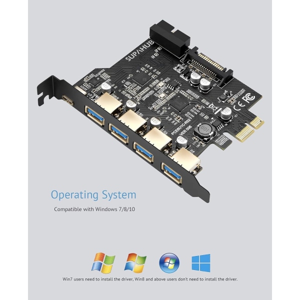 PCI-E till USB 3.0-kort 4 typ A och 1 typ C USB 3.0 5-portars, USB 3.1 Gen1 PCI Express-kort Bandbredd upp till 5,0 Gbps