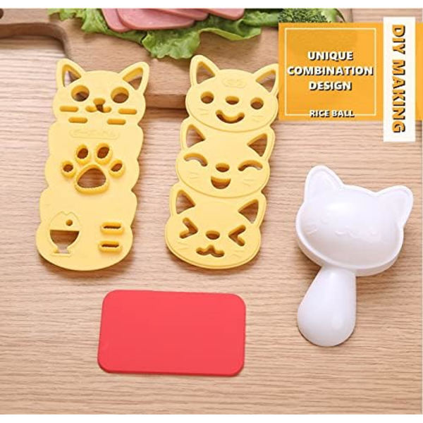 Risbollform Non-Stick Sushi Making Kit Cartoon Animal Cat Sushi Bento Maker Form med Seaweed Nori Expression Cutter, Set om 4